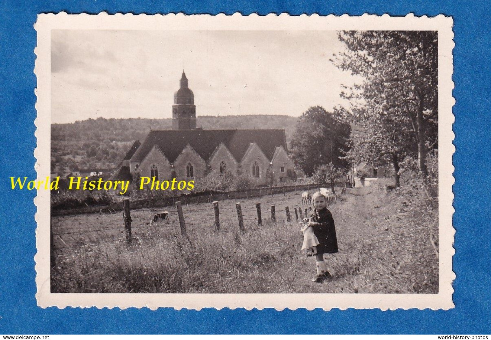 Photo Ancienne Snapshot - MOUTIERS Au PERCHE - Portrait Petite Fille Prés D'un Parc à Vache - Eglise Orne Normandie - Orte