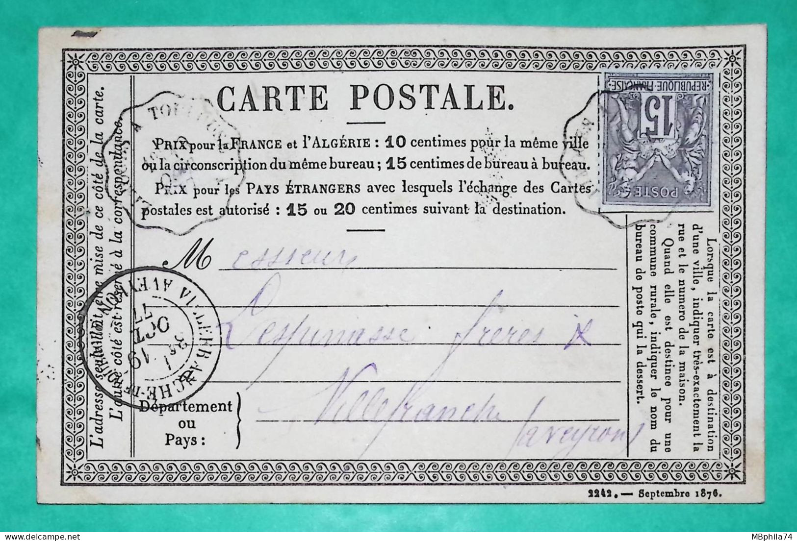 N°77 SAGE CARTE PRECURSEUR CONVOYEUR LIGNE LIMOGES A TOULOUSE POUR VILLEFRANCHE DE ROUERGUE AVEYRON 1877 FRANCE - Posta Ferroviaria