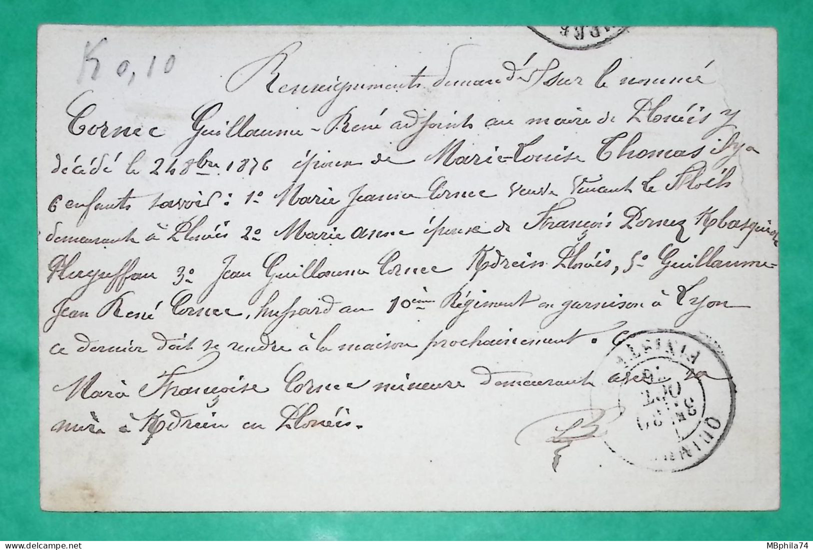 N°66 SAGE TYPE I CARTE PRECURSEUR CAD TYPE 17 PLOGASTEL ST GERMAIN FINISTERE POUR QUIMPER 1876 LETTRE COVER FRANCE - 1877-1920: Periodo Semi Moderno