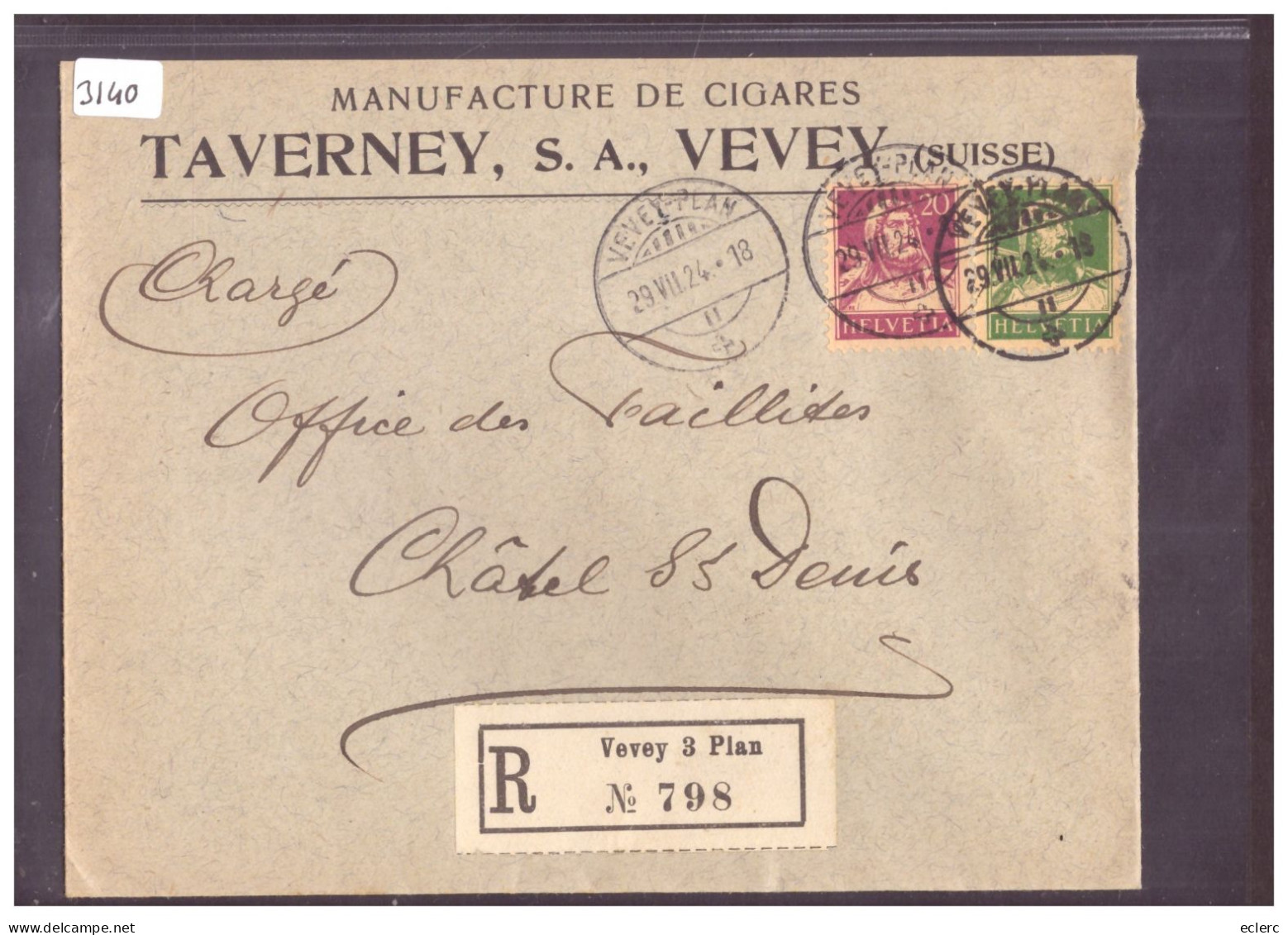 LETTRE A ENTÊTE - VEVEY - MANUFACTURE DE CIGARES TAVERNEY S.A. - Cartas & Documentos