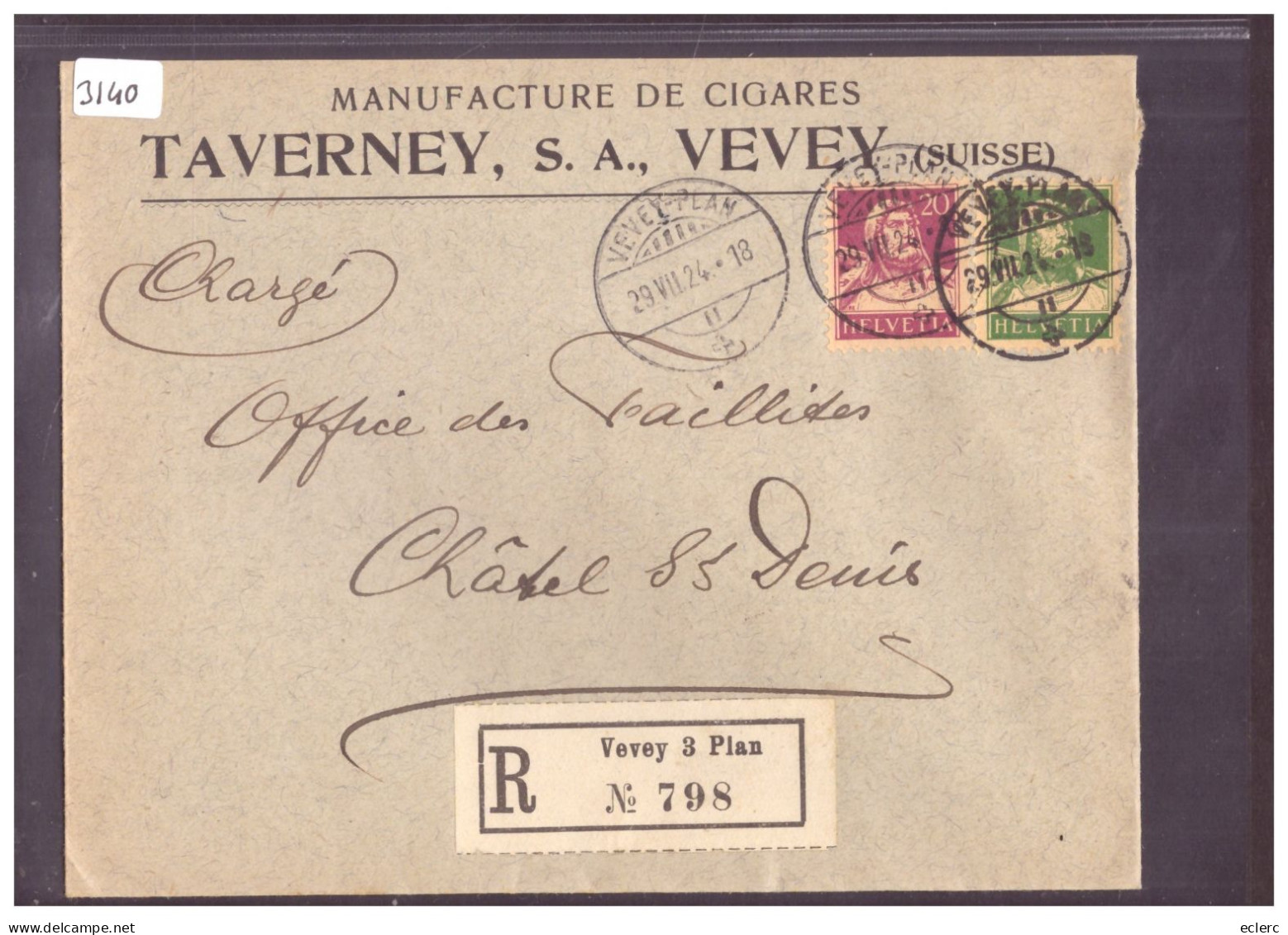 LETTRE A ENTÊTE - VEVEY - MANUFACTURE DE CIGARES TAVERNEY S.A. - Storia Postale