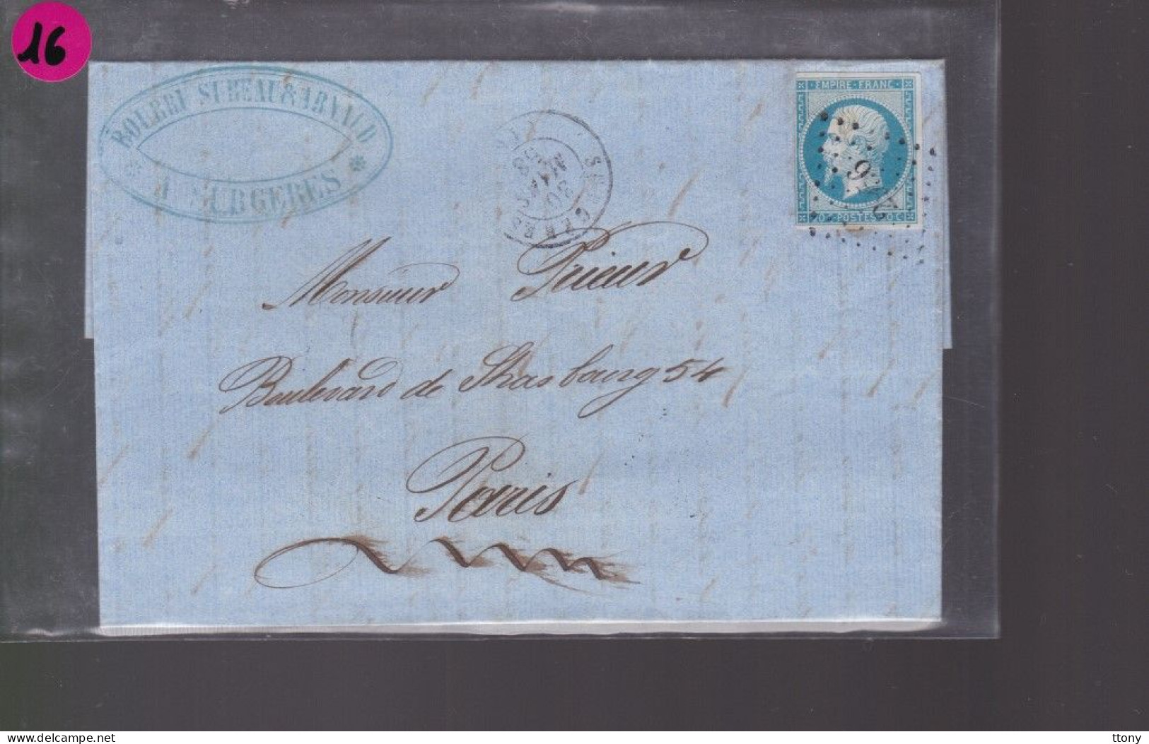 10  lettres  timbre n° 14 Napoléon III  bleu     20 c   sur lettre destination St Etienne &   Paris