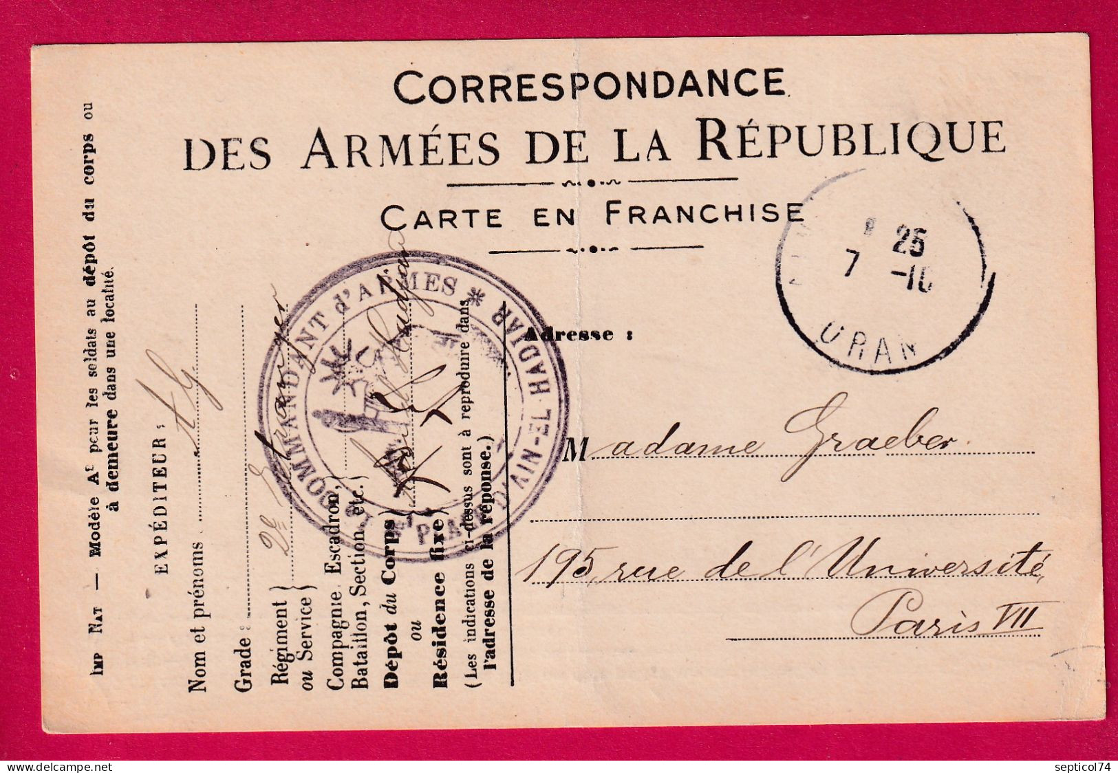 WW1 1915 CARTE FM LE COMMANDANT D'ARMES PLACE AIN EL HADJAR POUR PARIS LETTRE - Guerra De 1914-18