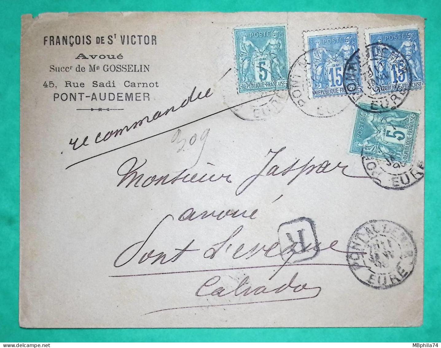 N°75 X2 + 90 X2 SAGE RECOMMANDE PONTAUDEMER EURE POUR PONT L'EVEQUE CALVADOS 1898 LETTRE COVER FRANCE - 1877-1920: Semi-Moderne