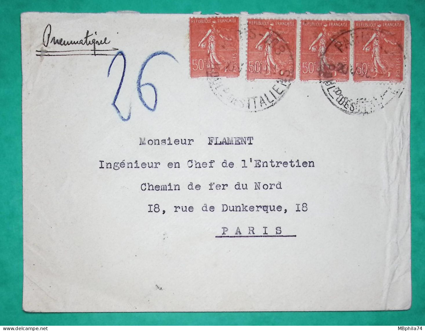 N°199 BANDE DE 4 SEMEUSE LETTRE PNEUMATIQUE PARIS BOULEVARD DES ITALIENS POUR RUE DE DUNKERQUE 1930 COVER FRANCE - 1921-1960: Moderne