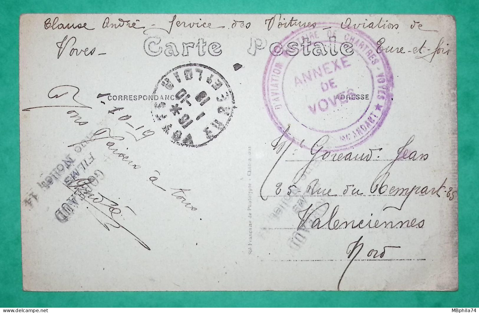 FRANCHISE MILITAIRE FM AVIATION MILITAIRE CHARTRES VOVES EURE ET LOIR CARTE POSTALE RUE DE LA SUCRERIE 1919 COVER FRANCE - Militärische Luftpost