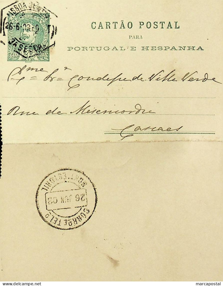 1903 Portugal Cartão Postal Inteiro D. Carlos I 25 R. Verde Enviado De Lisboa Para Cascais - Enteros Postales
