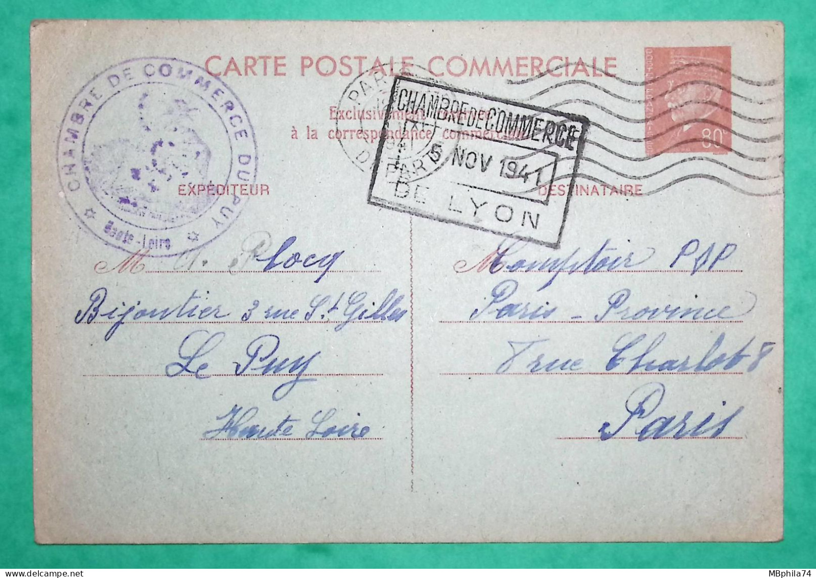 ENTIER 80C PETAIN CARTE POSTALE COMMERCIALE CHAMBRE DE COMMERCE DU PUY EN VELAY HAUTE LOIRE POUR LYON 1941 FRANCE - Postales Tipos Y (antes De 1995)