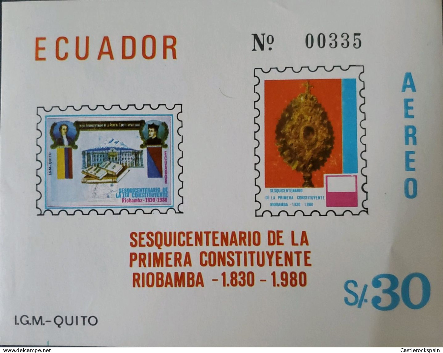 OH) 1980 ECUADOR, J- J- OLMEDA FATHER DE VELASCO, ECUADOR Y RIOBAMBA, MONSTRANCE,  SOUVENIR MNH - Ecuador