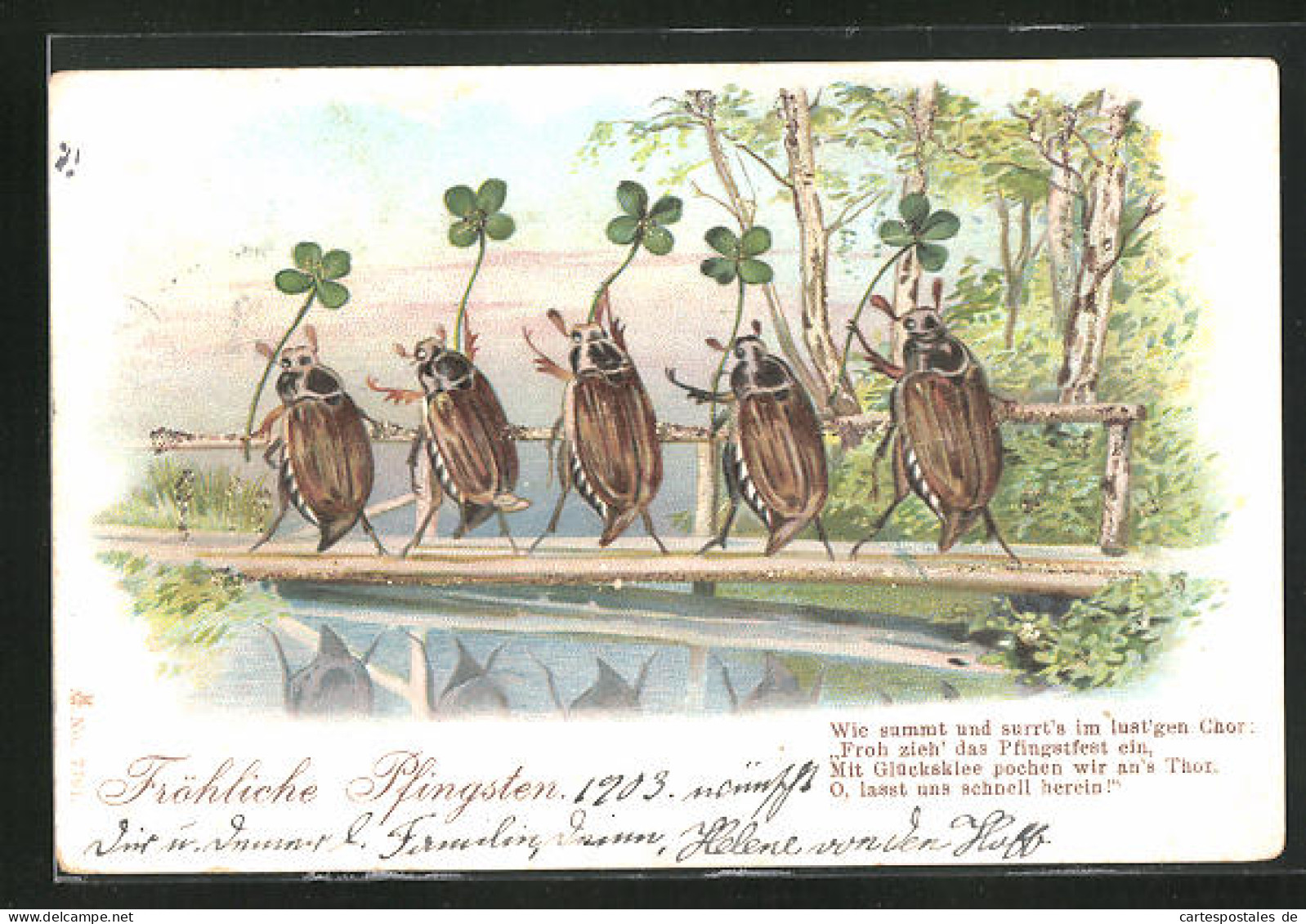 AK Maikäfer Singen Und Spazieren Mit Vierblattklee über Eine Flussbrücke  - Insecten