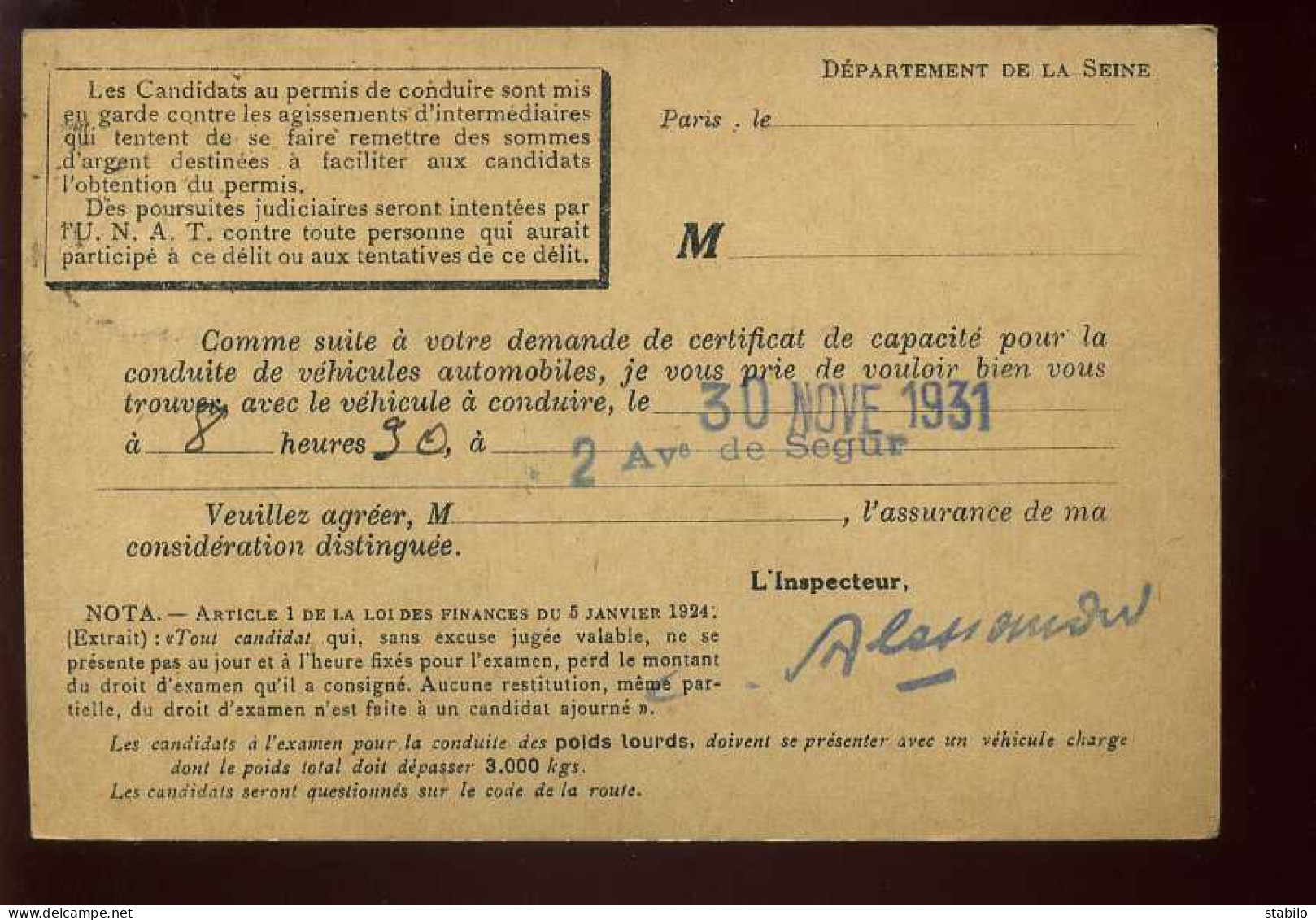 AUTOMOBILES - UNION DES ASSOCIATIONS DE TOURISME - CONVOCATION  AU PERMIS DE CONDUIRE 1931 - Voitures De Tourisme