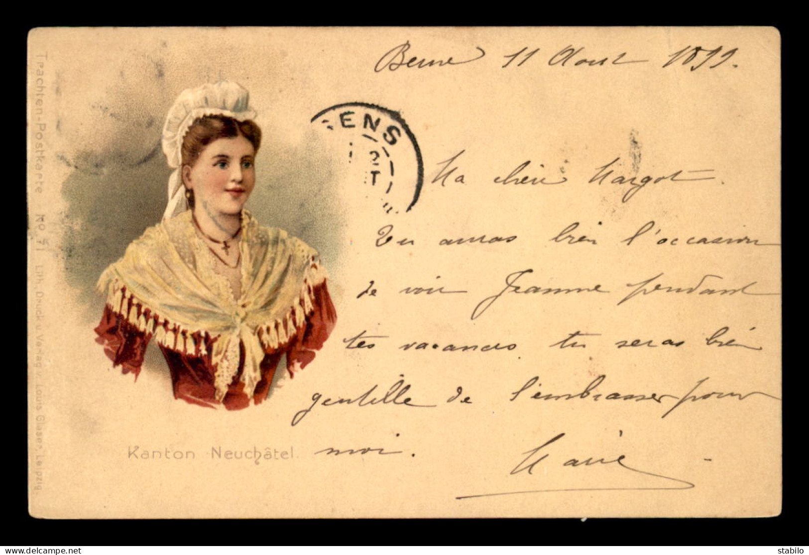 SUISSE - CANTON DE NEUCHATEL - FEMME EN COSTUME - CARTE ILLUSTRE VOYAGE EN 1899 - EDITEUR LOUIS GLASER - Autres & Non Classés