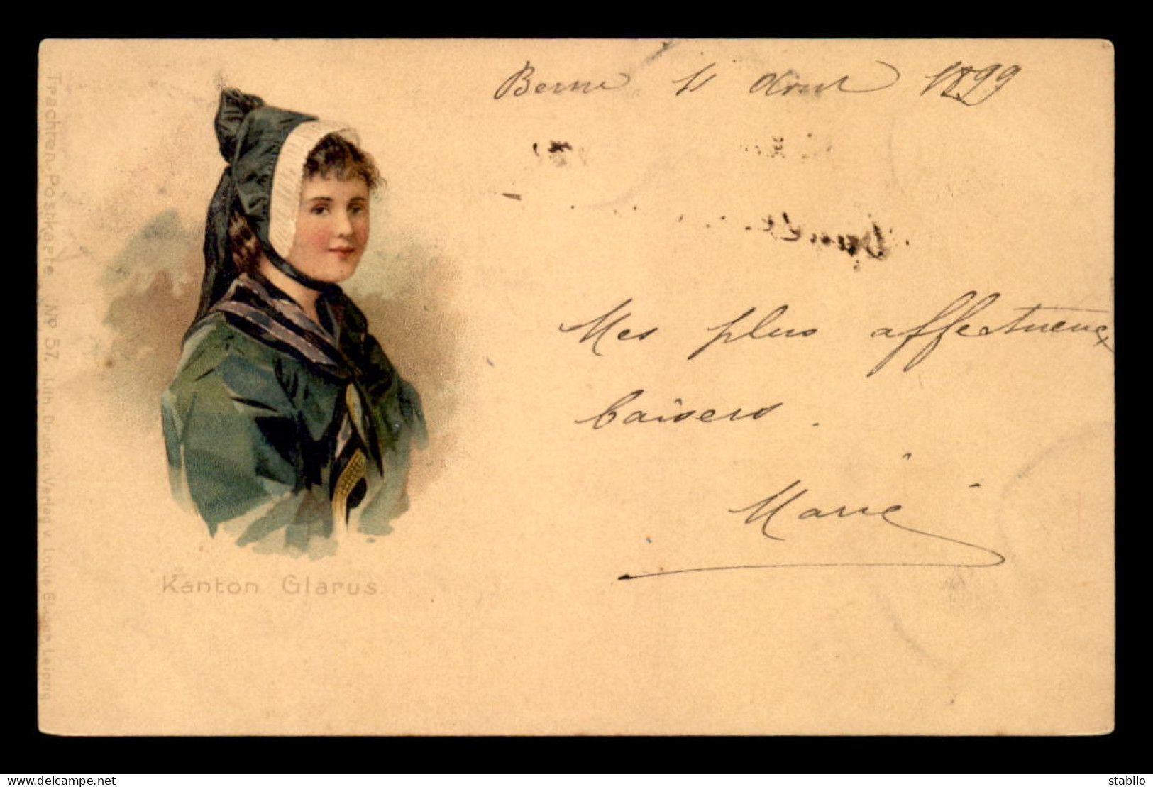 SUISSE - CANTON DE GLARIS - FEMME EN COSTUME - CARTE ILLUSTRE VOYAGE EN 1899 - EDITEUR LOUIS GLASER - Other & Unclassified