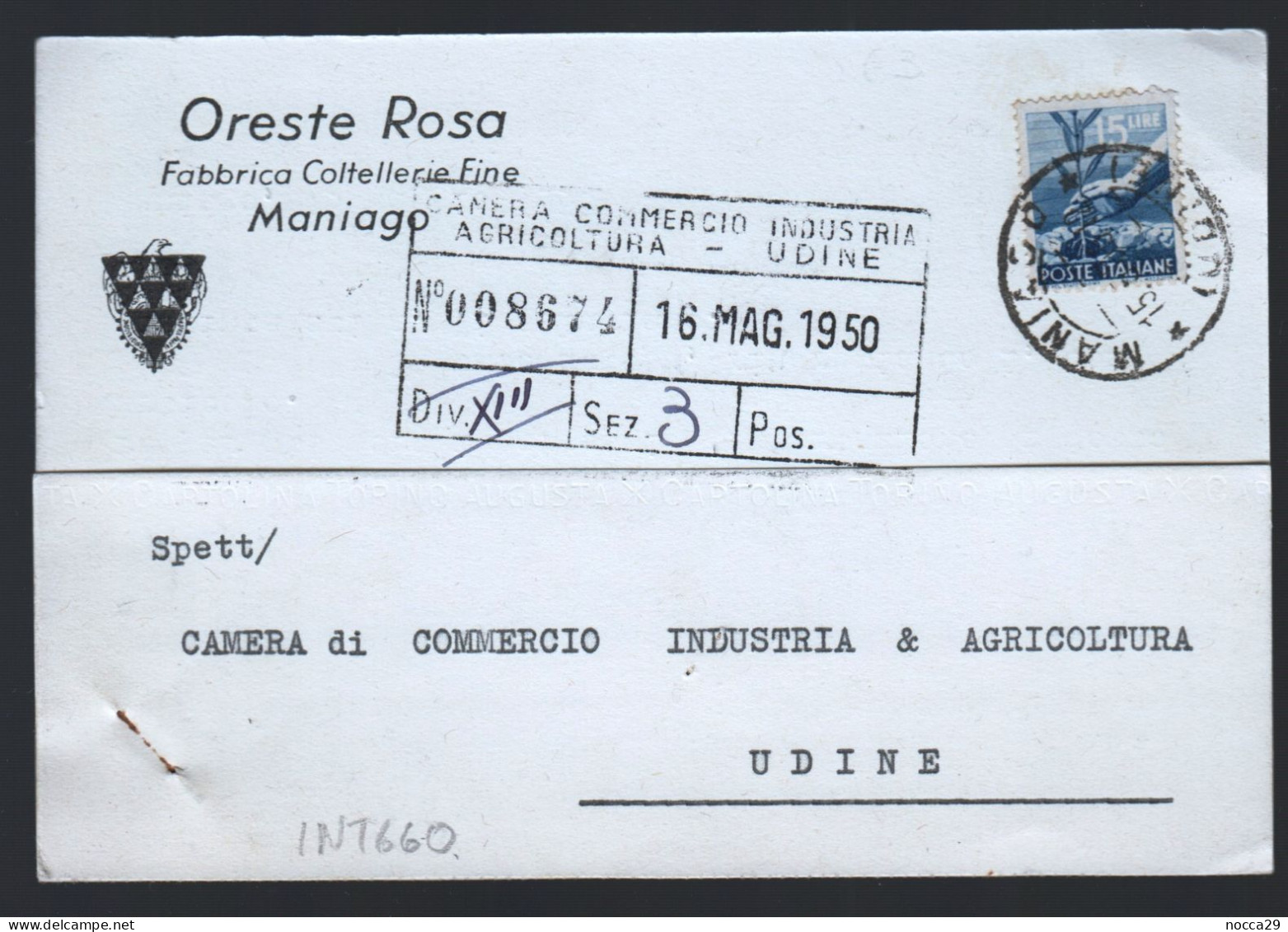 CARTOLINA COMMERCIALE - MANIAGO - PORDENONE - 1950 - FABBRICA COLTELLERIE FINE ORESTE ROSA (INT660) - Shopkeepers