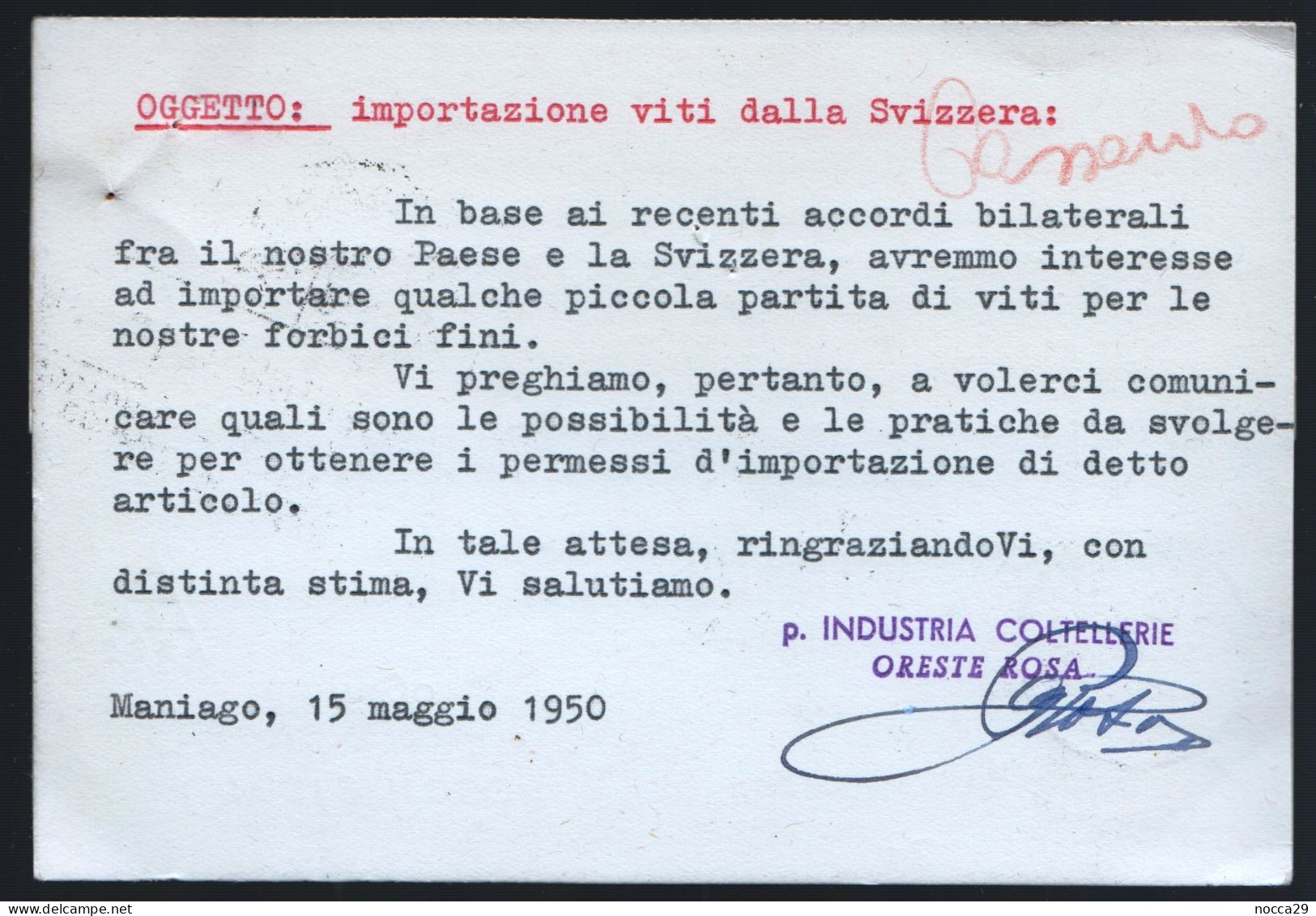 CARTOLINA COMMERCIALE - MANIAGO - PORDENONE - 1950 - FABBRICA COLTELLERIE FINE ORESTE ROSA (INT660) - Händler