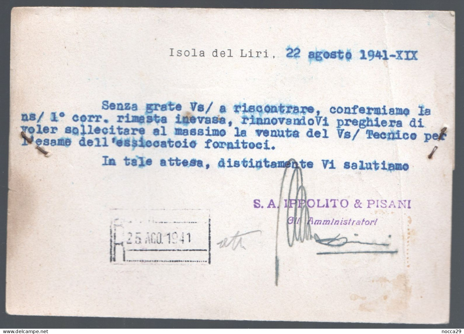 CARTOLINA COMMERCIALE - ISOLA DEL LIRI - 1941 - IPPOLITO E PISANI FABBRICA DI FELTRI PER CARTIERE (INT659) - Marchands