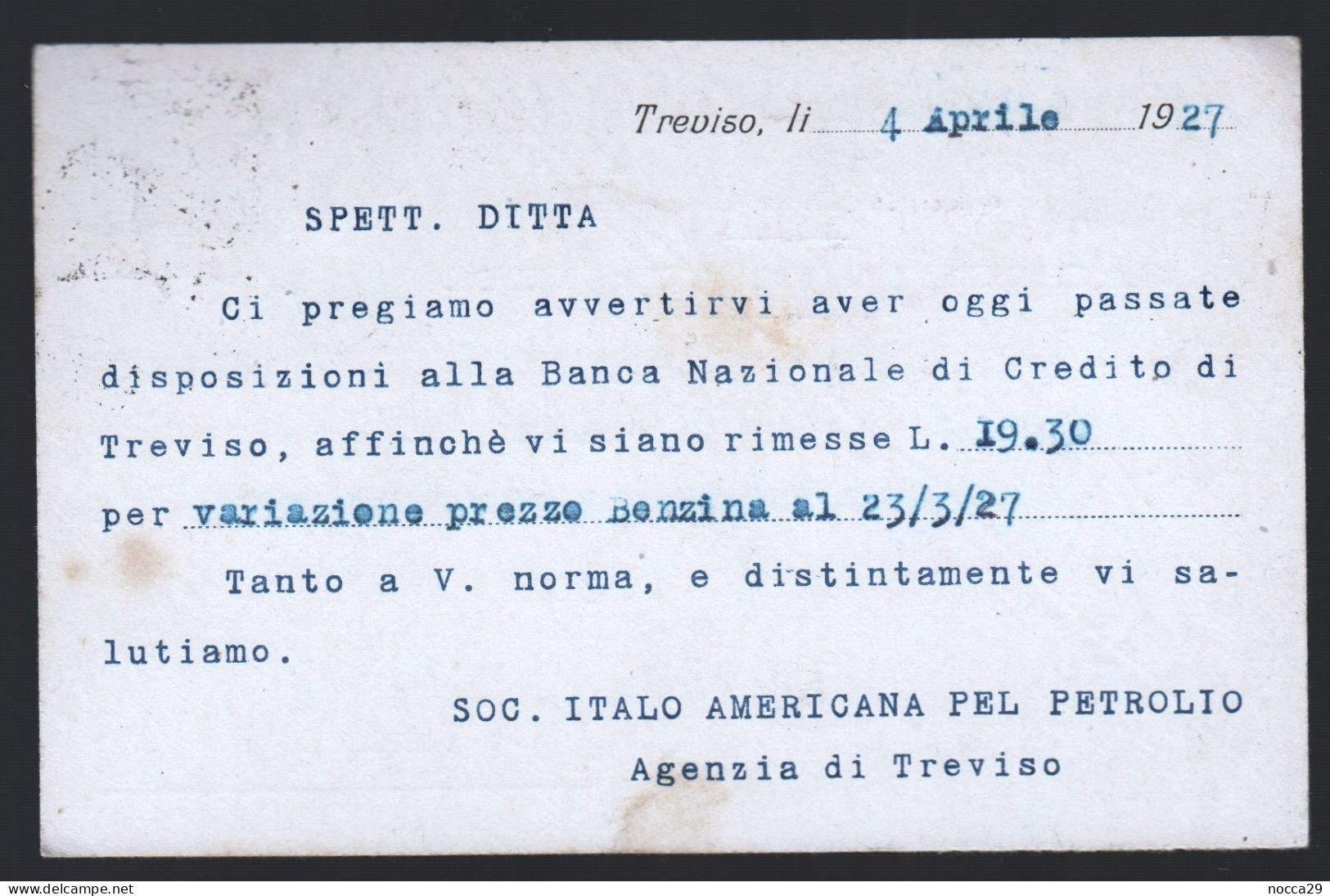 CARTOLINA COMMERCIALE - 1927 - SOCIETA ITALO AMERICANA PEL PETROLIO - AGENZIA DI TREVISO (INT662) - Marchands