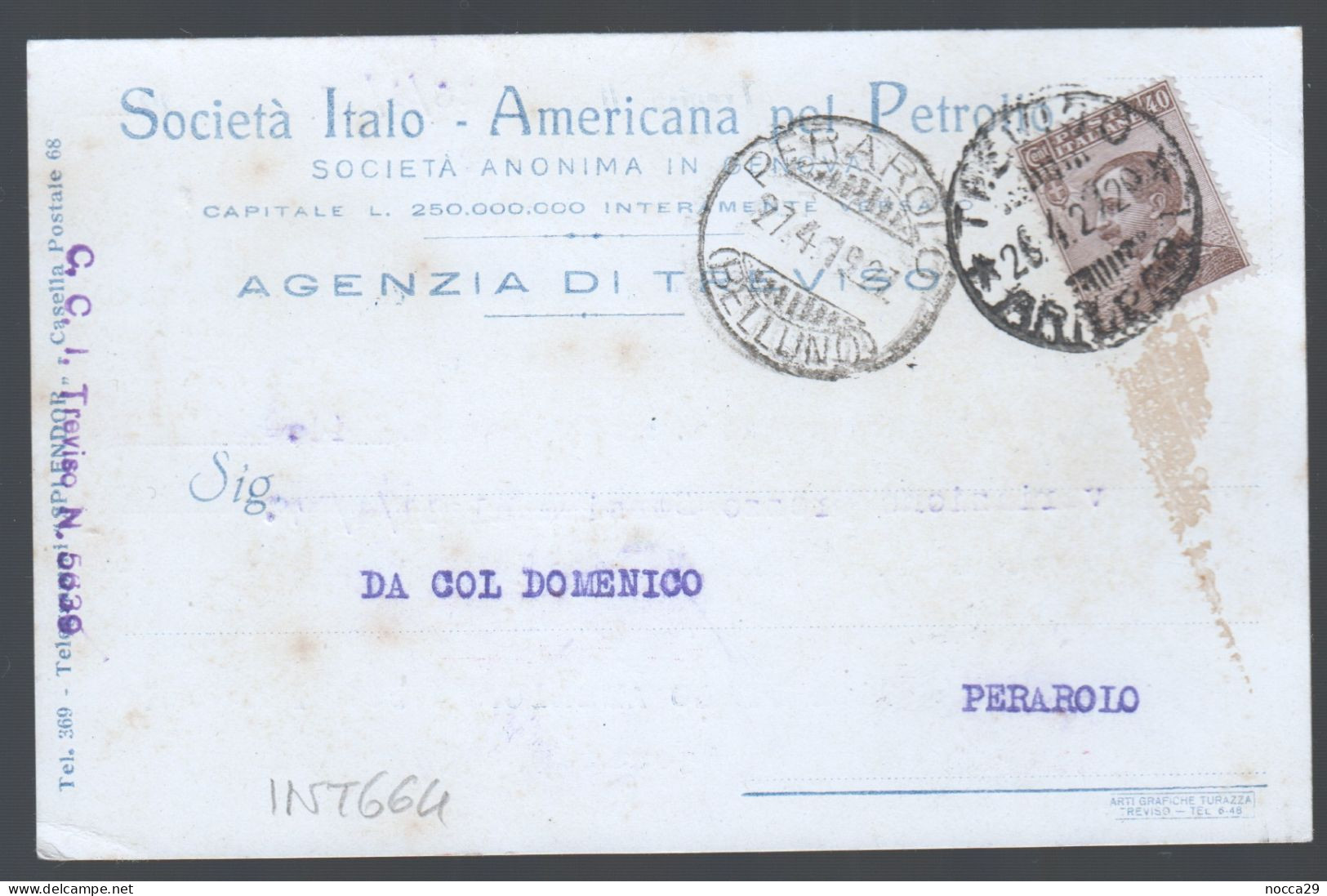 CARTOLINA COMMERCIALE - 1927 - SOCIETA ITALO AMERICANA PEL PETROLIO - AGENZIA DI TREVISO (INT664) - Shopkeepers