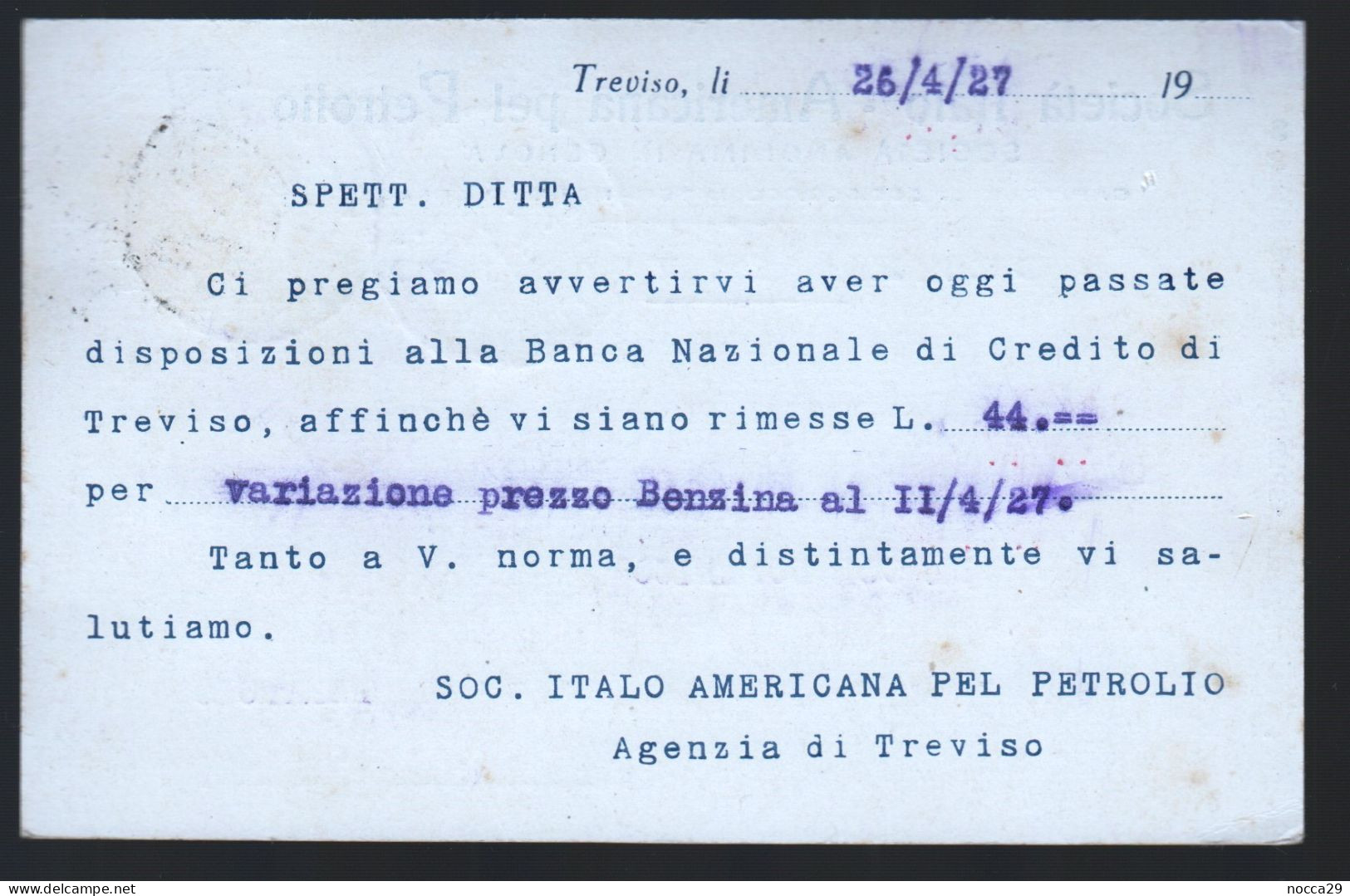 CARTOLINA COMMERCIALE - 1927 - SOCIETA ITALO AMERICANA PEL PETROLIO - AGENZIA DI TREVISO (INT664) - Marchands