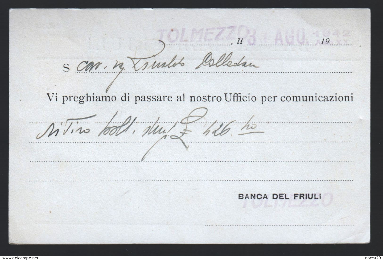 CARTOLINA COMMERCIALE - 1942 - BANCA DEL FRIULI - AGENZIA DI TOLMEZZO (INT663) - Shopkeepers