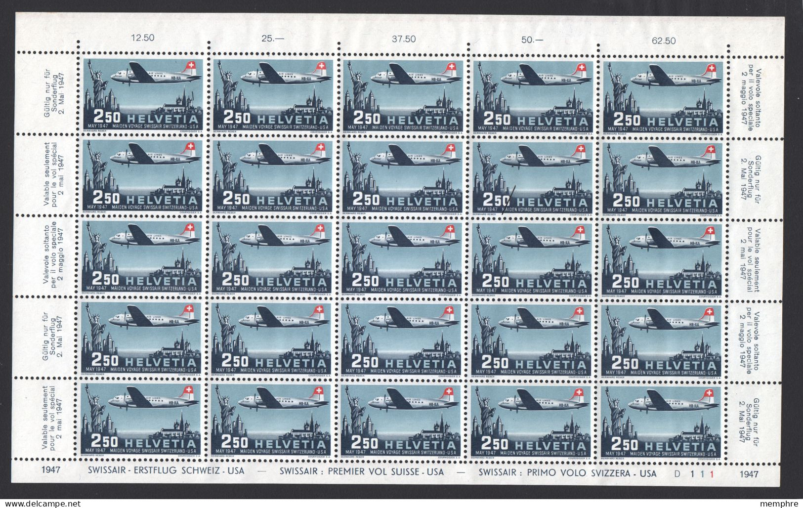 Feuille Complète ** 1947 Swissair Premier Vol Suisse-USA FO 42 - Nuevos