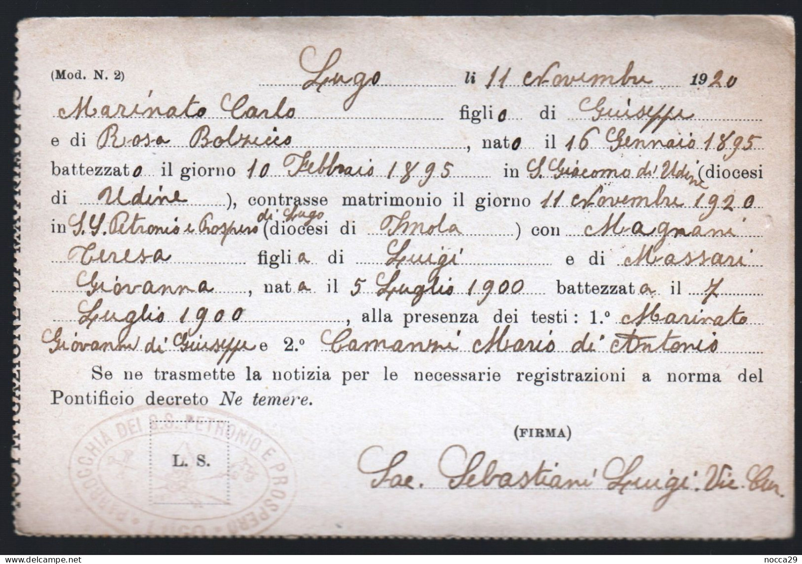 INTERESSANTE CARTOLINA - NOTIFICA DI MATRIMONIO - SPEDITA NEL 1920  DAL PARROCO DI LUGO DI ROMAGNA A UDINE (INT661) - Verkopers