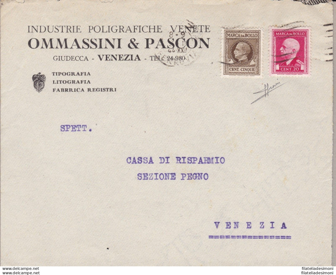 1944 RSI, Lettera Affrancata Con Marche Da Bollo N° 15 + 22 Firmata Sorani - Entero Postal