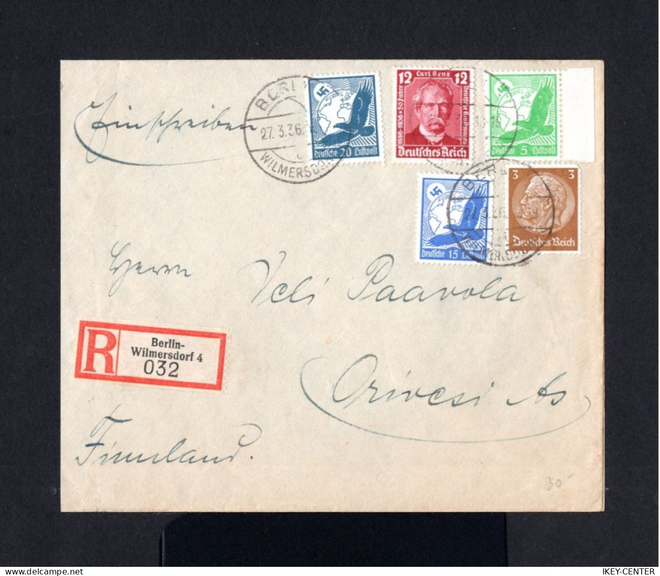 K756-GERMAN EMPIRE-Third Reich.MILITARY NAZI REGISTERED COVER BERLIN To FINLAND.1936.WWII.DEUTSCHES REICH - Covers & Documents