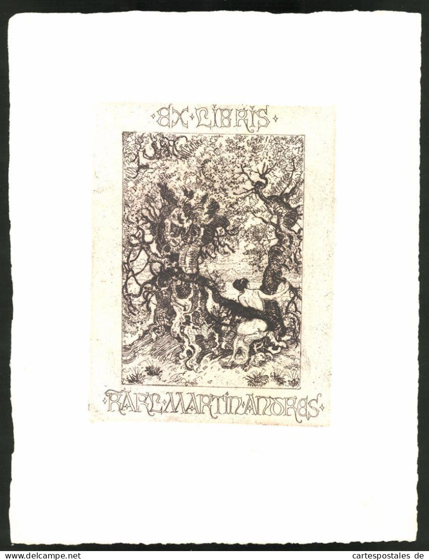 Exlibris Karl Martin Andres, Nackte Frau Sitzt Im Wald Umschlungen Von Dicken Ästen  - Exlibris