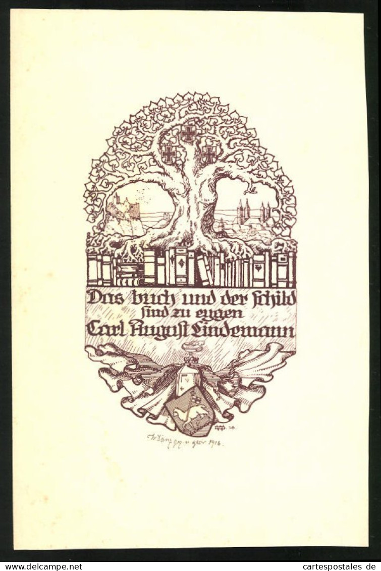 Exlibris Carl August Lindemann, Baum Mit Wappenschildern, Wappen Mit Schaf  - Bookplates