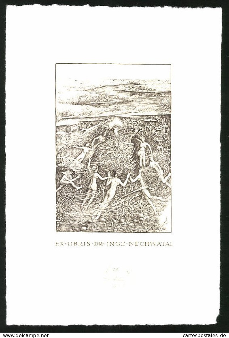 Exlibris Dr. Inge Nechwatal, Gaia Mutter Der Erde Umgeben Von Nackten Frauen Im Wasser, Kobold  - Ex-Libris