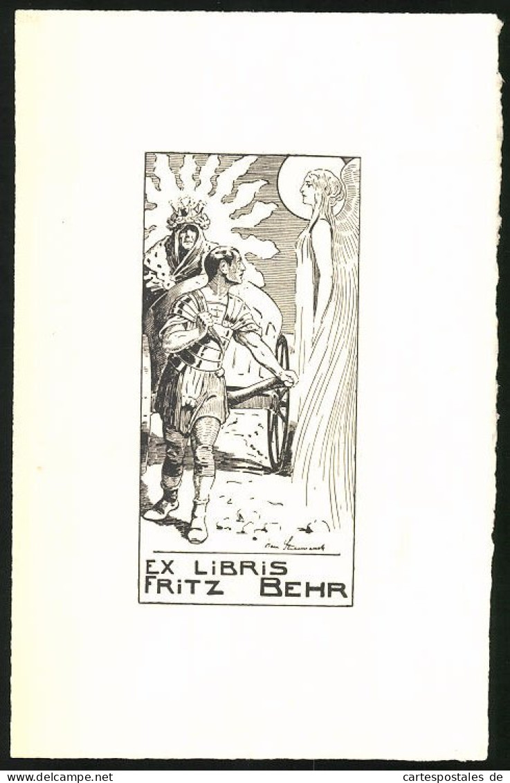 Exlibris Fritz Behr, Römer Zieht Einen Streitwaagen Mit Altem König An Einem Engel Vorbei  - Bookplates