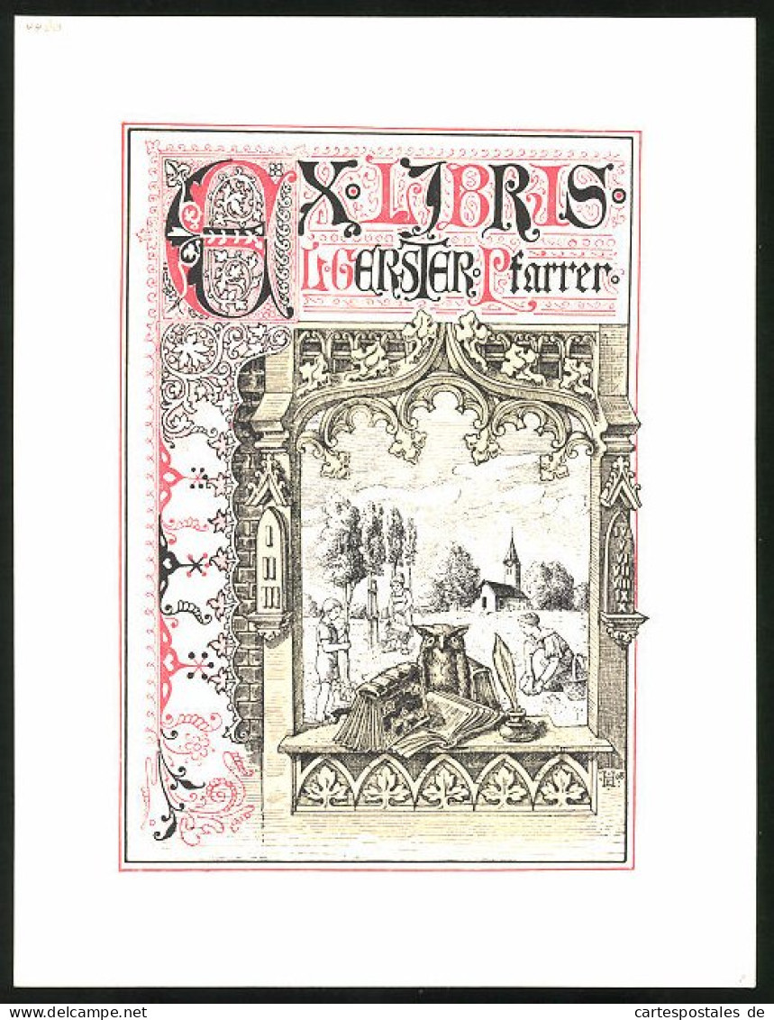 Exlibris Pfarrer Gester, Eule Auf Einem Tisch Mit Büchern, Bauern Bei Der Aussaat  - Ex-libris