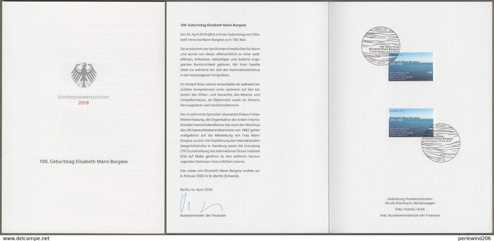 Bund: Minister Card - Ministerkarte Typ VII , Mi-Nr. 3375 ESST: " 100. Geburtstag Elisabeth Mann Borgese " !   X - Brieven En Documenten