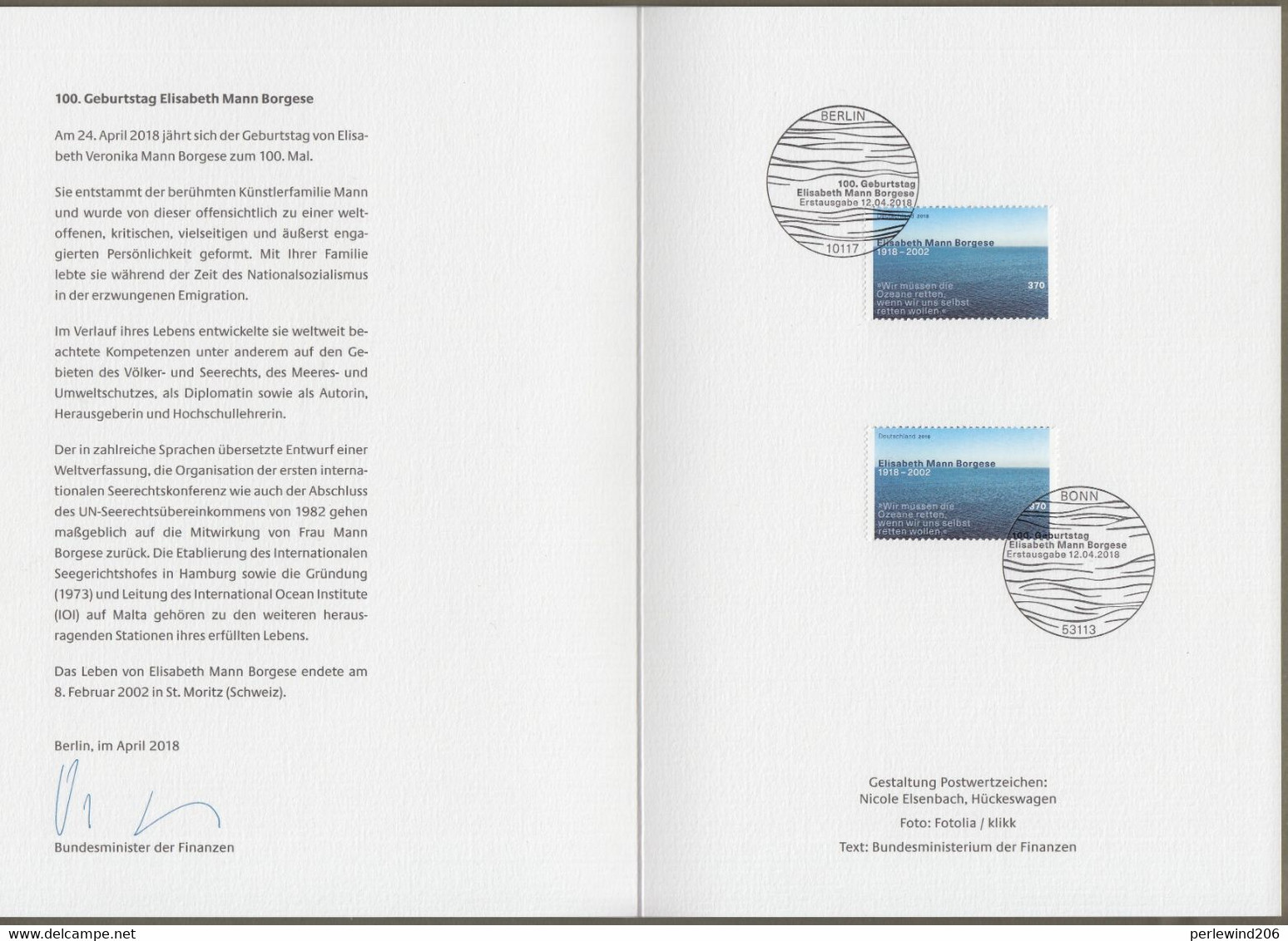 Bund: Minister Card - Ministerkarte Typ VII , Mi-Nr. 3375 ESST: " 100. Geburtstag Elisabeth Mann Borgese " !   X - Lettres & Documents