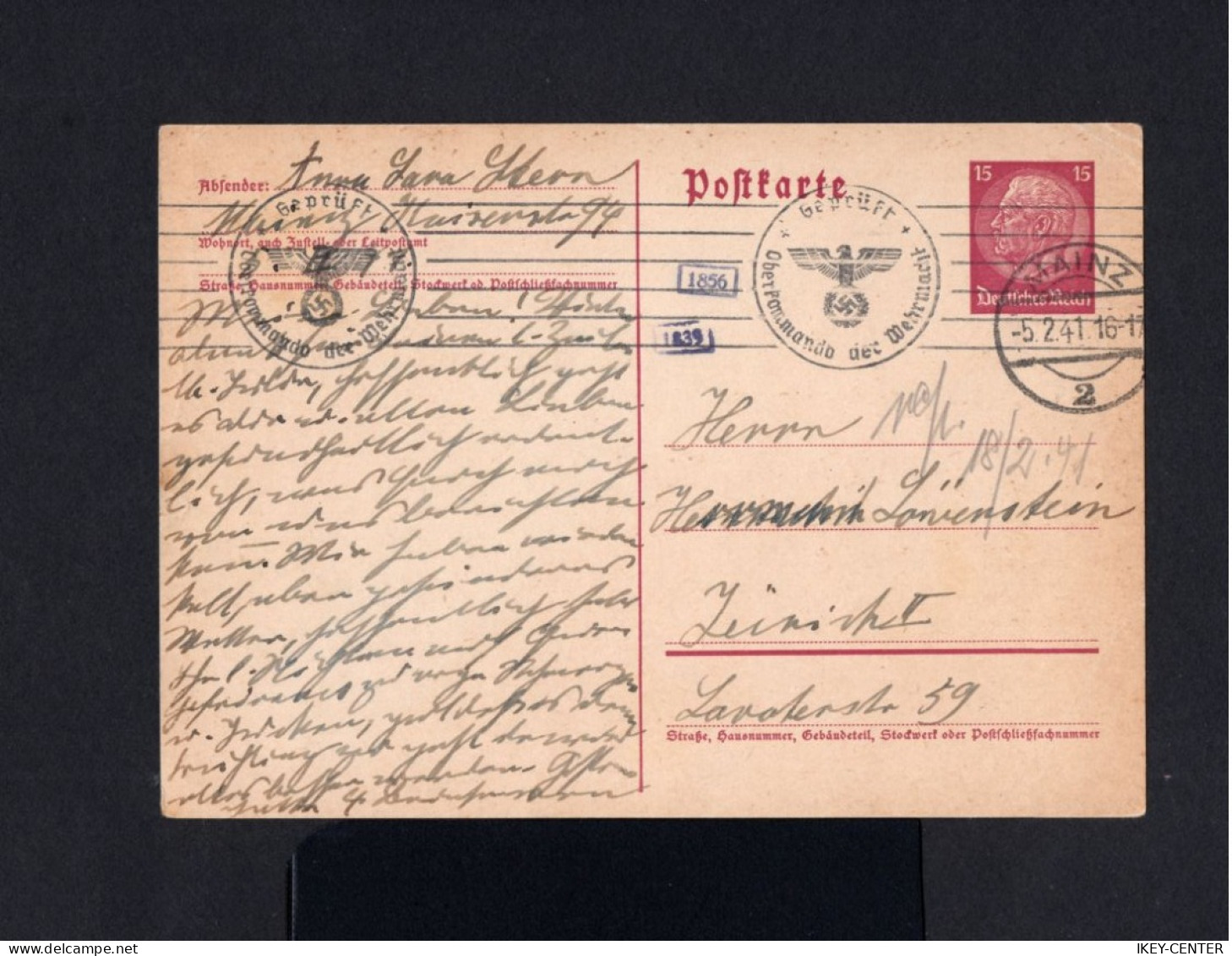 13593-GERMAN EMPIRE-Third Reich.MILITARY NAZI CENSOR PROPAGANDA POSTCARD Mainz.1941.WWII.DEUTSCHES REICH.carte Postale - Covers & Documents