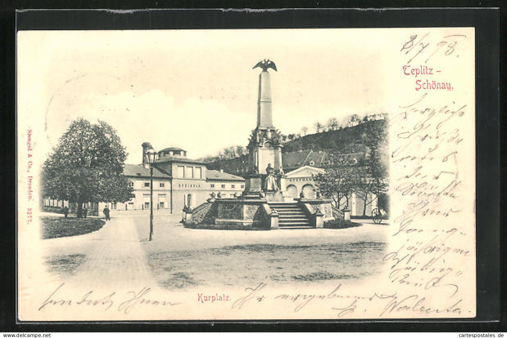 AK Teplitz Schönau / Teplice, Kurplatz Mit Denkmal, Steinbad  - Tschechische Republik