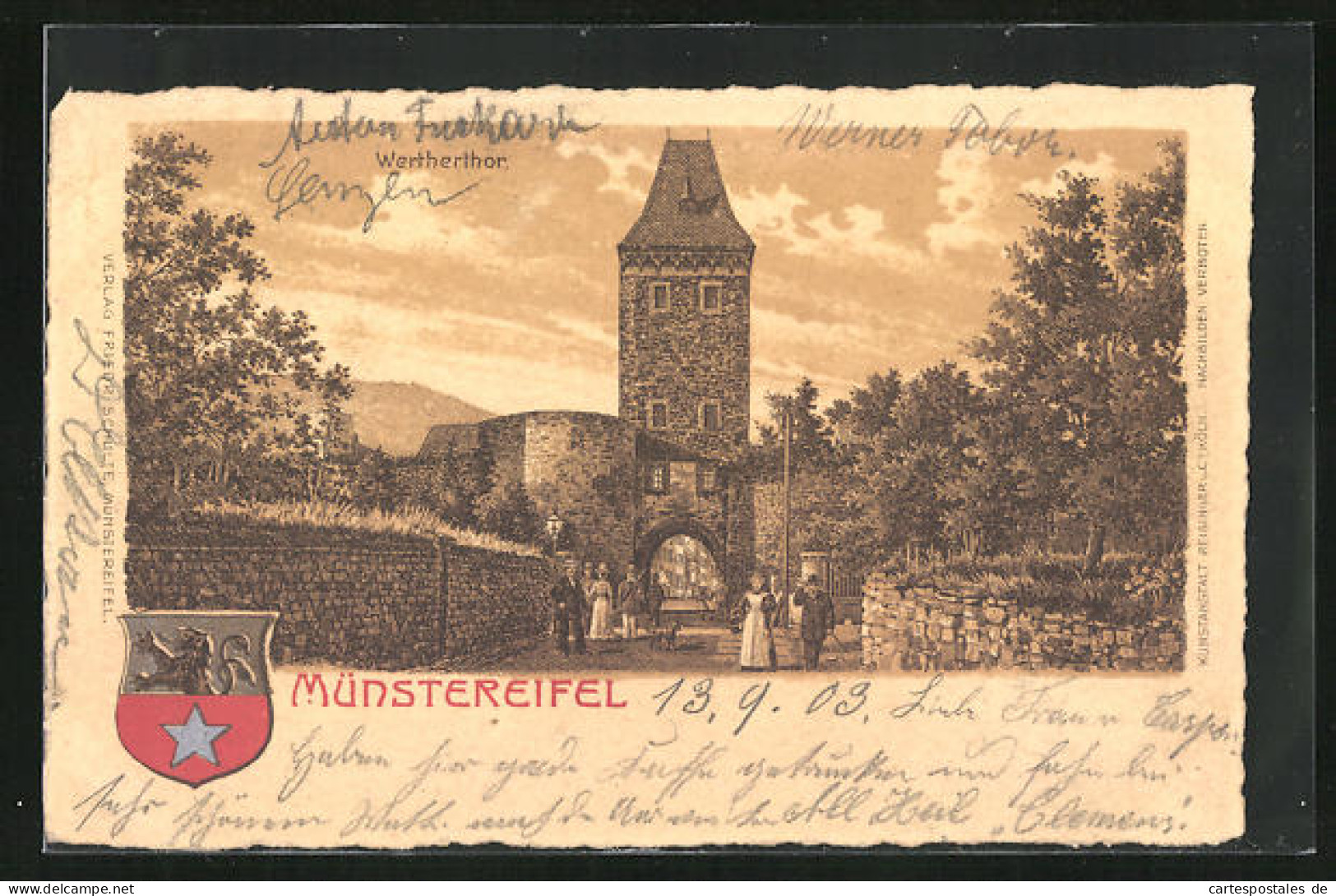 Lithographie Münstereifel, Strasse Am Wertherthor, Wappen  - Muenster