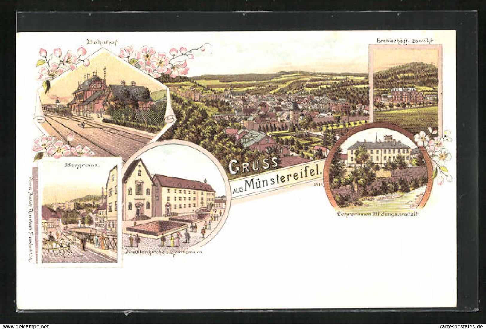 Lithographie Münstereifel, Bahnhof, BUrgruine, Jesuitenkirche Und Gymnasium  - Muenster