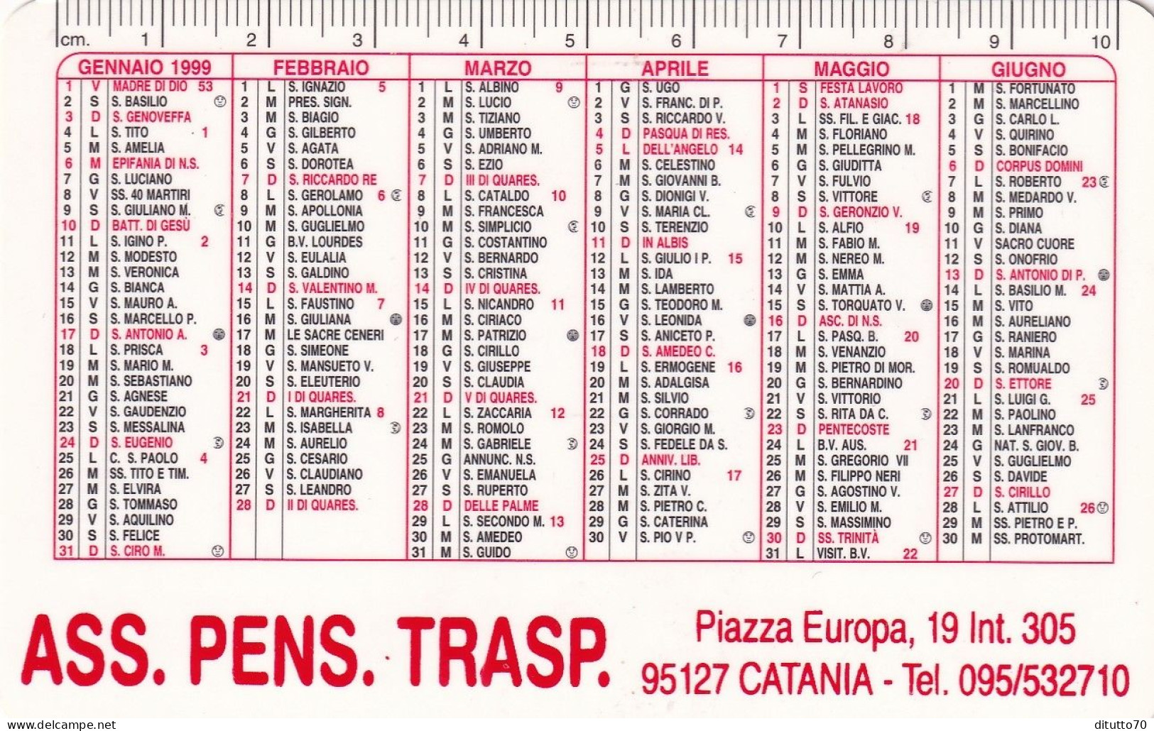 Calendarietto - Ass.pens.trasp. - Catania - Anno 1999 - Formato Piccolo : 1991-00