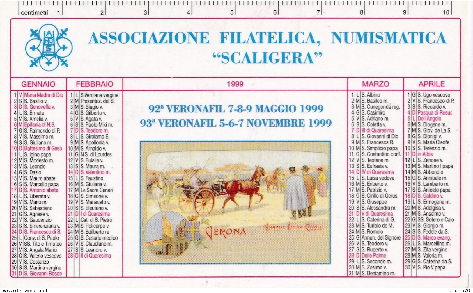 Calendarietto - Associazione  Filatelica - Numismatica - Scaligegera - Anno 1999 - Small : 1991-00