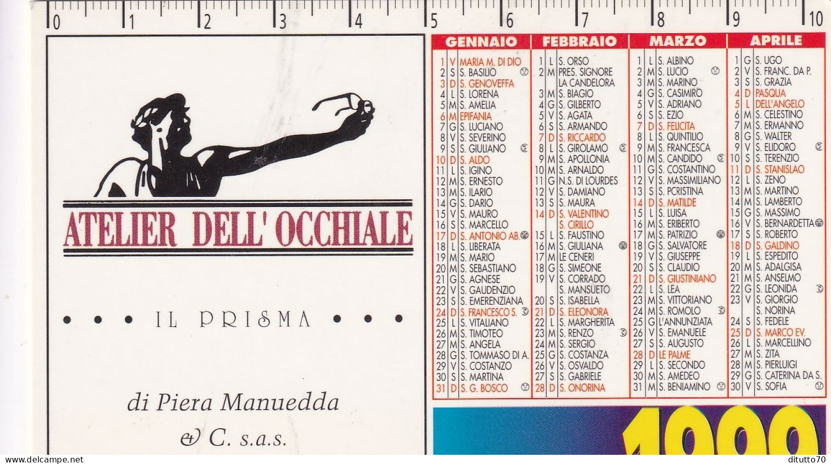 Calendarietto - Atelier Dell'occhiale - Ill Prisma - Alpignano - Torino - Anno 1999 - Petit Format : 1991-00