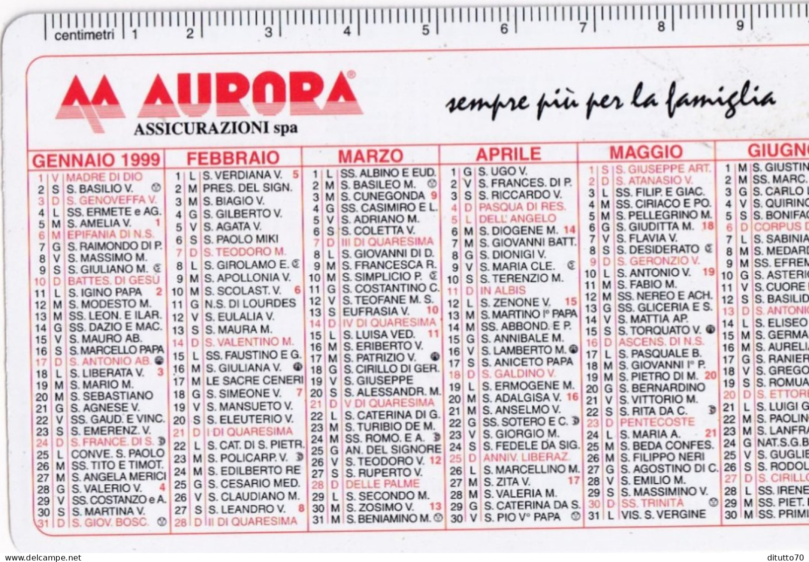 Calendarietto - AURORA - Assicurazioni - Anno 1999 - Kleinformat : 1991-00