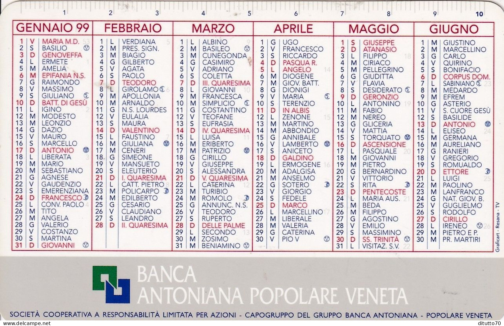 Calendarietto - Banca Antoniana Popolare Veneta - Anno 1999 - Formato Piccolo : 1991-00