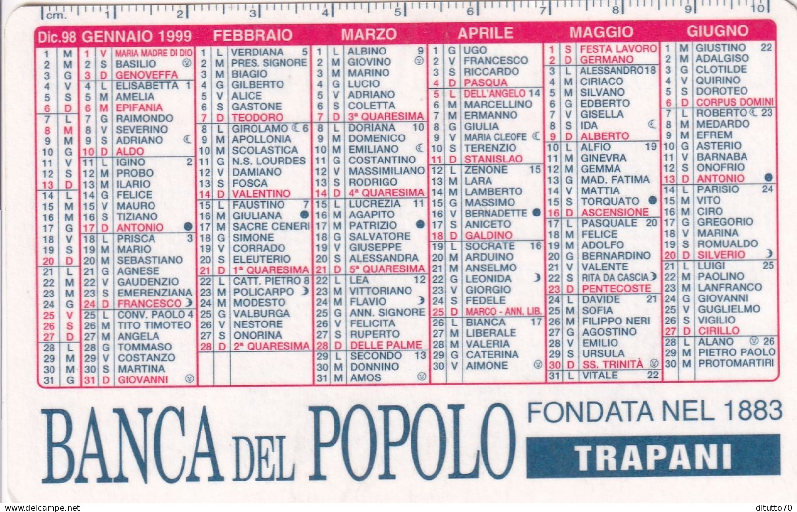 Calendarietto - Banca Del Popolo - Trapani - Anno 1999 - Formato Piccolo : 1991-00