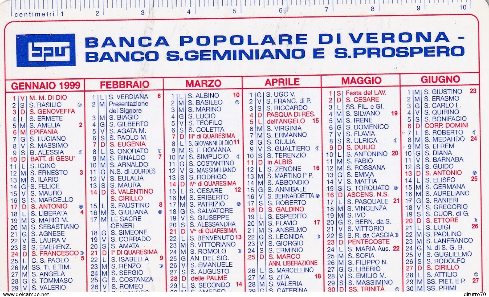 Calendarietto - Banca Popolare Di Verona - Banco S.geminiano E S.propsero - Anno 1999 - Klein Formaat: 1991-00