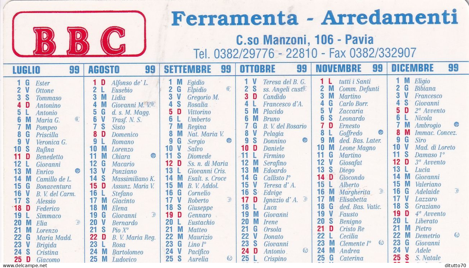 Calendarietto - BBC - Ferramenta - Arredamenti - Pavia - Anno 1999 - Tamaño Pequeño : 1991-00