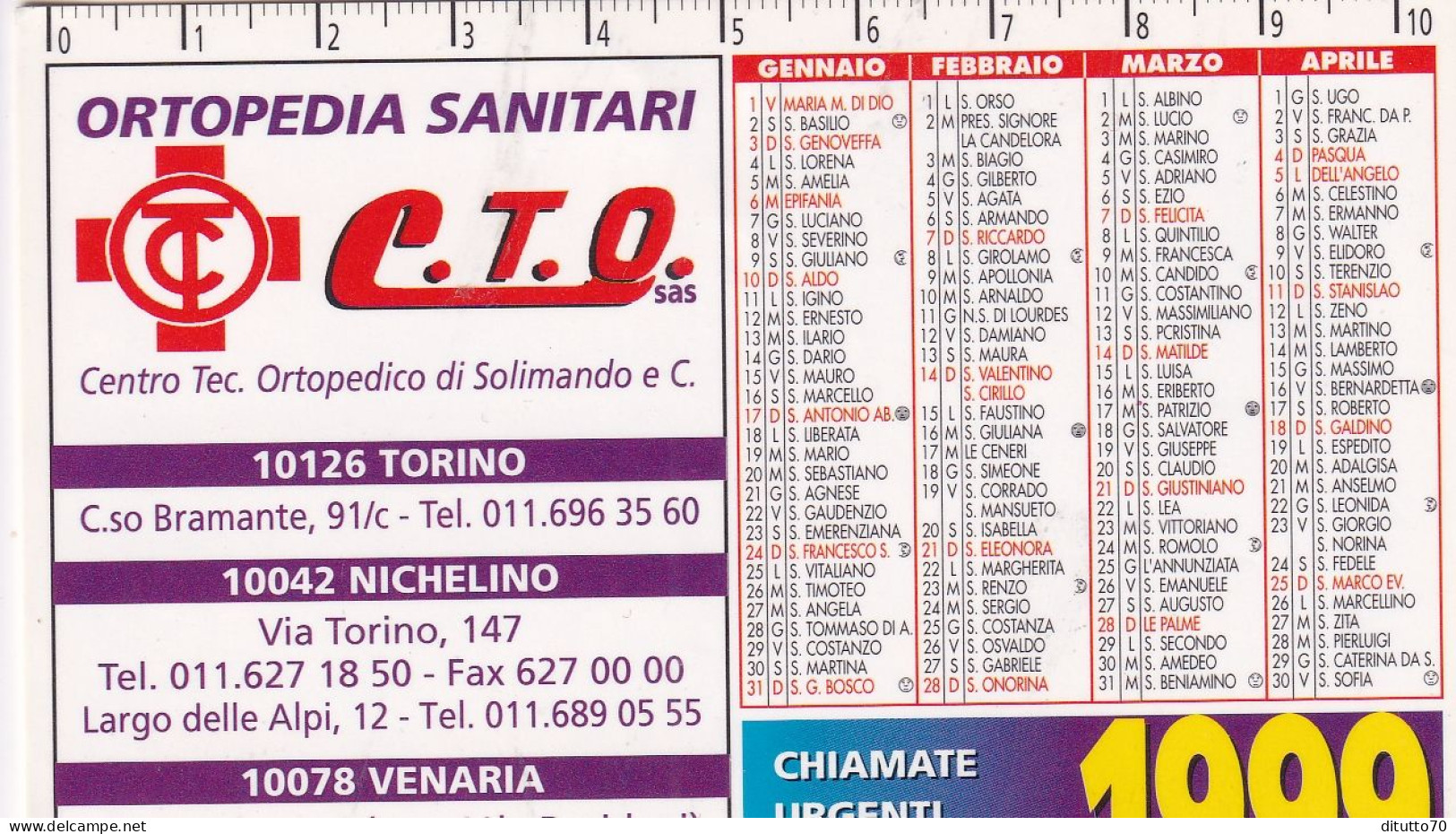 Calendarietto - C.T.O. - Ortepedia Sanitari - Anno 1999 - Small : 1991-00