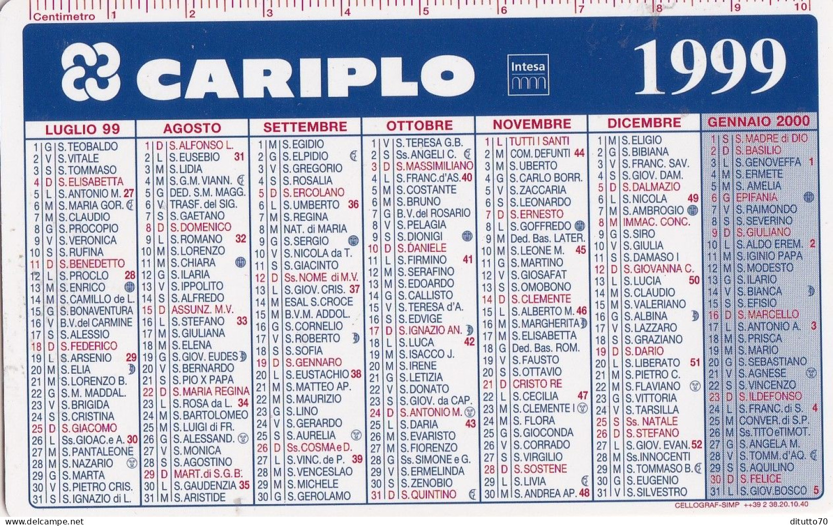 Calendarietto - Cariplo - Intesa - Anno 1999 - Formato Piccolo : 1991-00