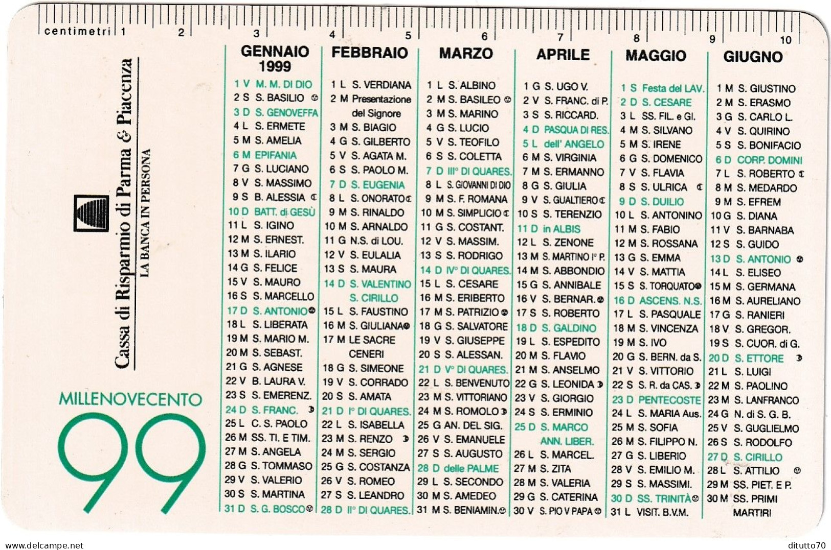 Calendarietto - Cassa Di Risparmio Di Parma E Piacenza - Anno 1999 - Klein Formaat: 1991-00